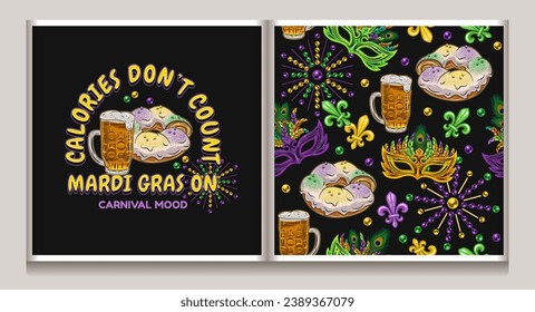 Conjunto de patrones de Mardi Gras, etiqueta con pastel king, vaso lleno de cerveza, perlas, máscaras, baratija, cartel de Fleur de Lis. Diseño festivo. Ilustración vintage para impresiones, ropa, diseño superficial. No IA