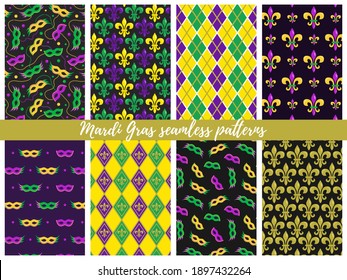 Set of Mardi Gras seamless patterns;  vector backgrounds for wrapping paper, packaging, fabric, textile, etc.