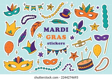 Set of Mardi Gras stickers, clip art, decorative elements isolated on blue background. Good for greeting cards, prints, posters, magnets, sublimation, etc. EPS 10