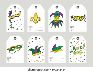 Set with Mardi Gras vintage gift tags and cards with doodle elements. Handwritten lettering. Hand drawn design elements. Printable items