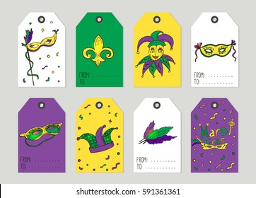 Set With Mardi Gras Vintage Gift Tags And Cards With Doodle Elements. Handwritten Lettering. Hand Drawn Design Elements. Printable Items