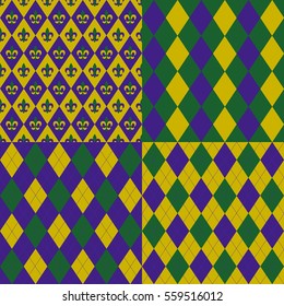 Set of Mardy gras backgrounds in traditional colours of purple, green, and gold. Seamless pattern