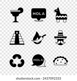 Set Margarita cocktail, Hola, Pinata, Beans, Taco with tortilla, Chichen Itza Mayan and Hot chili pepper pod icon. Vector