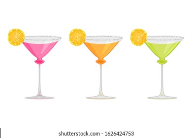 Set margarita cocktail isolated on white background.Margarita, tequila, liqueur, lime juice alcoholic cocktail in glass with lime slice in glass. Summer refreshing beverage for party. Stock vector