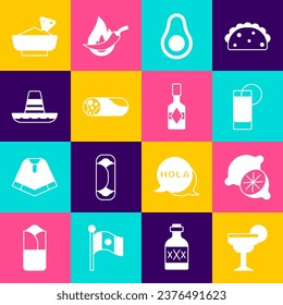 Set Margarita cocktail, Lime, Tequila glass with lemon, Avocado fruit, Burrito, Mexican sombrero, Nachos in bowl and Tabasco sauce icon. Vector