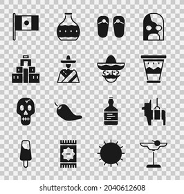 Set Margarita cocktail, Pinata, Mexican drum, Flip flops, man sombrero, Chichen Itza Mayan, Mexico flag and  icon. Vector