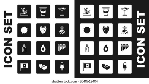 Set Margarita cocktail, Poncho, Sun, Cactus, Mexican man sombrero, drum, Pan flute and Burrito icon. Vector
