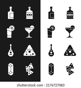 Set Margarita cocktail, Tequila glass with lemon, bottle, Mexican guitar, Nachos,  and Burrito icon. Vector