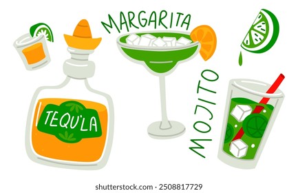 set of Margarita, Mojito, Tequila cocktails in a glass. stack with a slice of lemon, lime, hand-drawn, with ice cubes. Vector vivid illustration. Mexican refreshing green, yellow drink. With a name