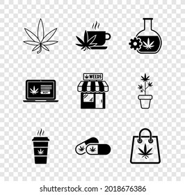 Separa Marihuana o hoja de cannabis, Té de la copa con marihuana, Tubo de prueba, café, píldoras médicas, bolsa de compras, compra en línea y icono de la tienda. Vector