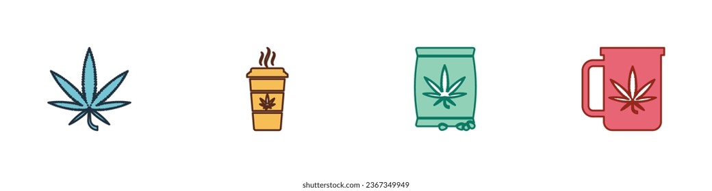 Set Marijuana or cannabis leaf, Cup coffee with marijuana, seeds and tea icon. Vector
