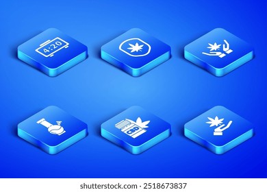 Set Marijuana or cannabis leaf, Digital alarm clock, Medical bottle with marijuana, Glass bong for smoking, Shield and and  icon. Vector
