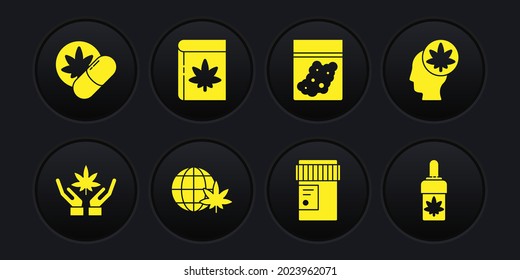 Set Marijuana or cannabis leaf, Head with marijuana, Legalize globe, Medical bottle, Plastic bag of, Book and, olive oil and Herbal ecstasy tablets icon. Vector