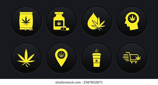 Set Marijuana or cannabis leaf, Head in profile with marijuana, Location and, Cup coffee, oil, Medical bottle, Shopping cart and seeds icon. Vector