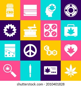 Ponga la Marihuana o la hoja de cannabis, en el corazón, caja de compras de marihuana, Cabeza con, molienda manual, botella médica e ícono de pastillas. Vector