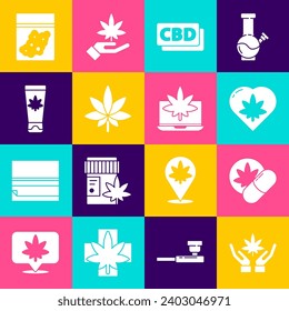 Set Marijuana or cannabis leaf, Herbal ecstasy tablets, in heart, Cannabis molecule, Medical cream with marijuana, Plastic bag of and Laptop and icon. Vector