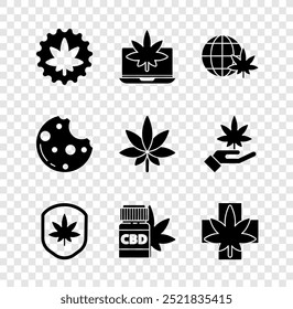 Definir a folha de maconha ou cannabis, Laptop and marijuana, Legalize globo, Escudo, Garrafa médica com, Cookies e ícone. Vetor