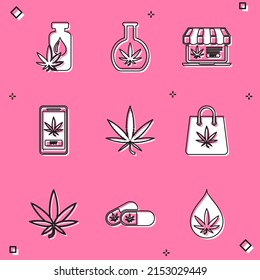 Set Marijuana Or Cannabis Leaf Oil, Test Tube With Marijuana, Online Buying, Shopping Bag Of,  And Medical Pills Icon. Vector