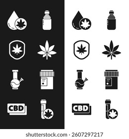 Set Marijuana or cannabis leaf, Shield and marijuana, olive oil, Glass bong for smoking, Medical bottle with, Chemical test tube and Cannabis molecule icon. Vector