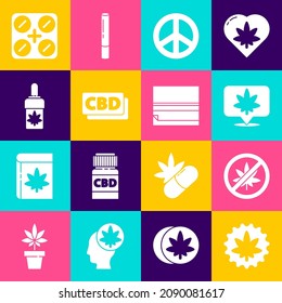 Fijar la Marihuana o la hoja de cannabis, Detener la marihuana, Lugar y, Paz, molécula de cannabis, aceite de oliva, píldoras médicas con y icono del papel rodante. Vector