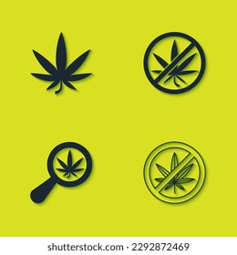 Pon la Marihuana o la hoja de cannabis, Detengan la marihuana, Vidrio de aumento e ícono. Vector