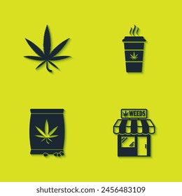 Set Marijuana or cannabis leaf, and store, seeds and Cup coffee with marijuana icon. Vector