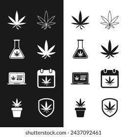 Set Marijuana or cannabis leaf, Test tube with marijuana, Online buying, Calendar and, Shield and plant pot icon. Vector