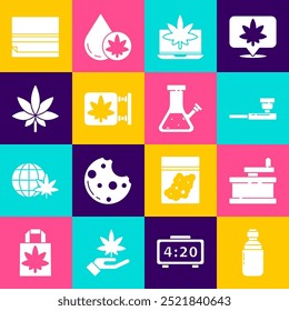 Set Marijuana or cannabis olive oil, Manual grinder, Smoking pipe, Laptop and marijuana, store, leaf, Rolling paper and Glass bong for smoking icon. Vector
