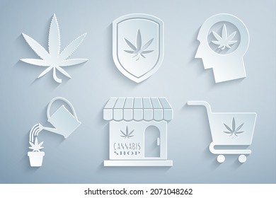 Coloca la Marihuana y la tienda de cannabis, Responde en perfil con marihuana, riego, carrito de compras, escudo e ícono de hoja. Vector