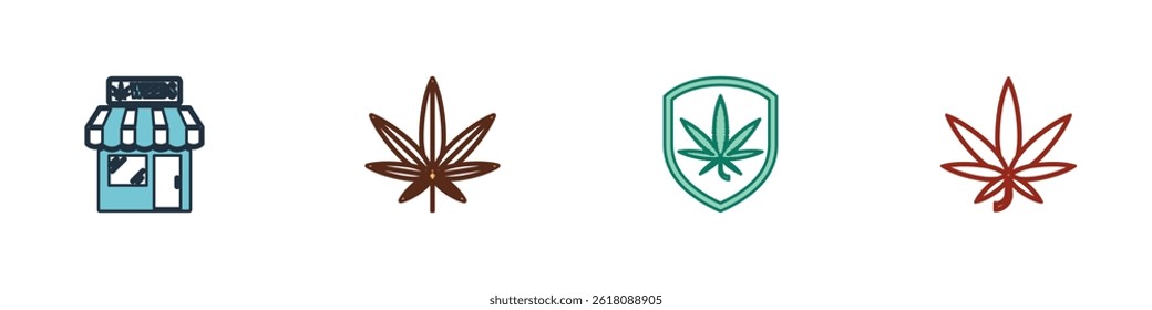 Set Marijuana and cannabis store, leaf, Shield marijuana and  icon. Vector