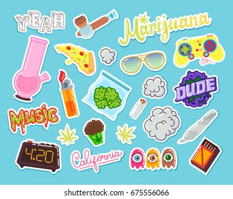 Set of marijuana cartoon objects. Badges, pins, stickers. Vector illustration. Hand Drawn. 