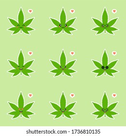 Set of marijuana character cartoon. Vector flat cartoon character illustration icon design. Isolated on color background. marihuana ganja, medical and recreation cannabis