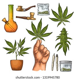 Set Marijuana. Cigarettes, pipe, lighter, buds, hand hold leaf, bottle, cigarette, glass jar, plastic bag, pipe for smoking cannabis. Vintage black vector engraving illustration. Isolated on white