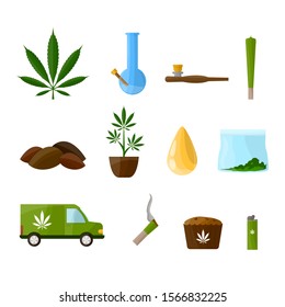 Set Marijuana. Cigarettes, pipe, lighter, buds, leaves, bottle, cigarette, glass jar, plastic bag, pipe for smoking cannabis. Vintage color vector engraving illustration. 