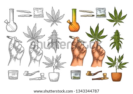 Set Marijuana. Cigarettes, pipe, lighter, buds, hand hold leaf, bottle, cigarette, glass jar, plastic bag, pipe for smoking cannabis. Vintage black vector engraving illustration. Isolated on white