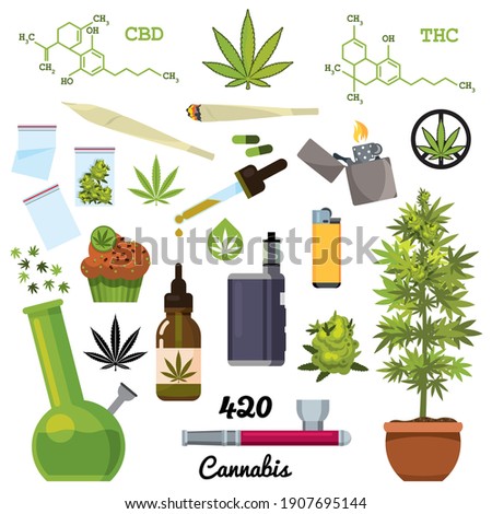 Set Marijuana. Cigarettes, pipe, lighter, buds, leaves, bottle, glass jar, plastic bag, CBD oil, hemp cake, plant, pipe for smoking cannabis. Color flat style illustration. Isolated vector