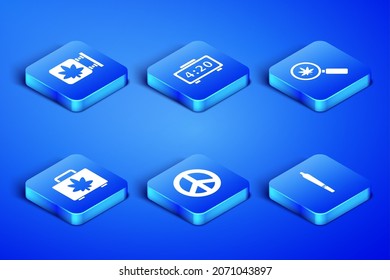 Coloca la marihuana en la tienda, la tienda de cannabis, Peace, Shopping box of marihuana, reloj de alarma digital e icono de vidrio de aumento. Vector