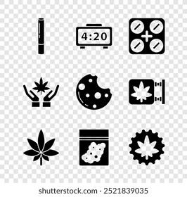 Set Marijuana joint, Digital alarm clock, Medical pills with marijuana, or cannabis leaf, Plastic bag of,  and Cookies icon. Vector