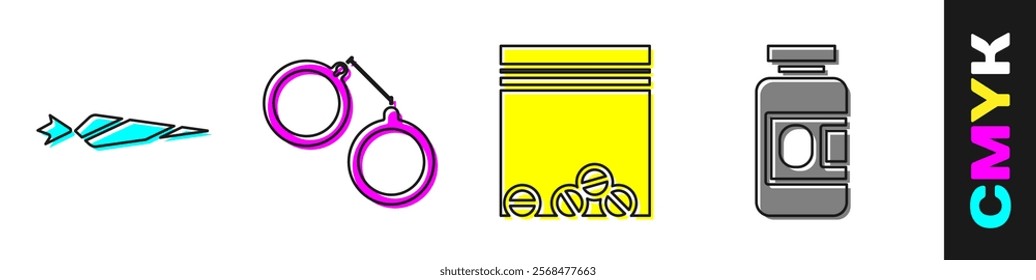 Set Marijuana joint, Handcuffs, Plastic bag of drug and Medicine bottle and pills icon. Vector