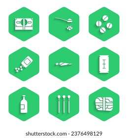 Set Marijuana joint, Matches, Package with cocaine, Blade razor, Alcohol drink bottle, Medicine and pills, tablet and Stacks paper money cash icon. Vector