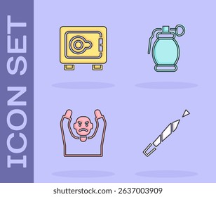 Set Marijuana joint, Safe, Thief surrendering hands up and Hand grenade icon. Vector