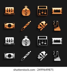 Set Marijuana joint, spliff, Concert ticket, Glass bong for smoking marijuana, Stacks paper money cash, Drum machine music, Sound audio recorder and Money bag icon. Vector