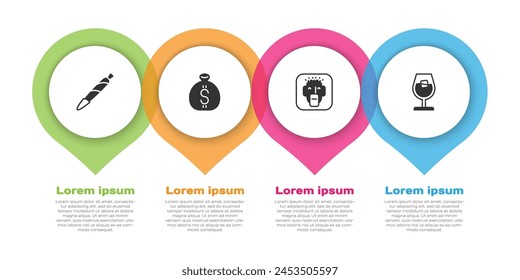 Conjunto de marihuana, porro, bolsa de dinero, rapero y vaso de vino. Plantilla de infografía de negocios. Vector