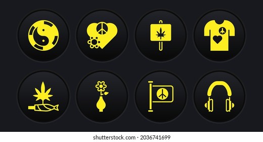Set Marijuana joint, spliff, Peace t-shirt print stamp, Flower vase, Flag peace, Love, Headphones and Yin Yang symbol icon. Vector