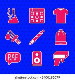 Juego de marihuana, esquirlas, altavoz estéreo, pistola de dinero, sombrero de invierno, música rap, cuchillo sangriento, camiseta y cañón de vidrio para fumar un ícono de marihuana. Vector