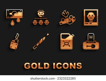 Set Marijuana joint, Wanted poster, Grave with tombstone, Canister fuel, Lighter, Burning car, Bloody money and Mafia icon. Vector