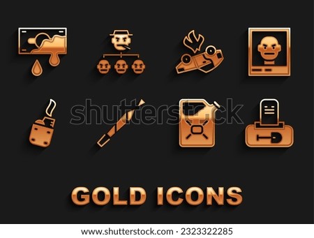Set Marijuana joint, Wanted poster, Grave with tombstone, Canister fuel, Lighter, Burning car, Bloody money and Mafia icon. Vector