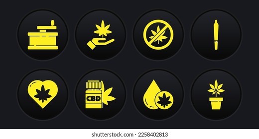 Set Marijuana leaf in heart, joint, Medical bottle with marijuana, or cannabis olive oil, Stop, plant and Manual grinder icon. Vector