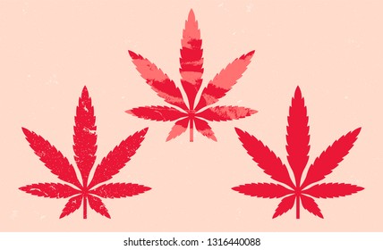 Set of marijuana leaf icon in grunge texture. Silhouette of symbol cannabis  in vintage style. Vector illustration