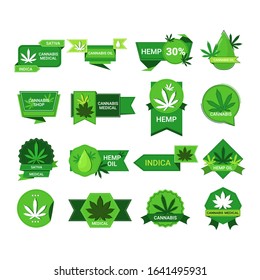 set marijuana leaf stickers cbd oil label hemp ganja cannabis weed badges medical pharmaceutical industry business company logo collection flat vector illustration